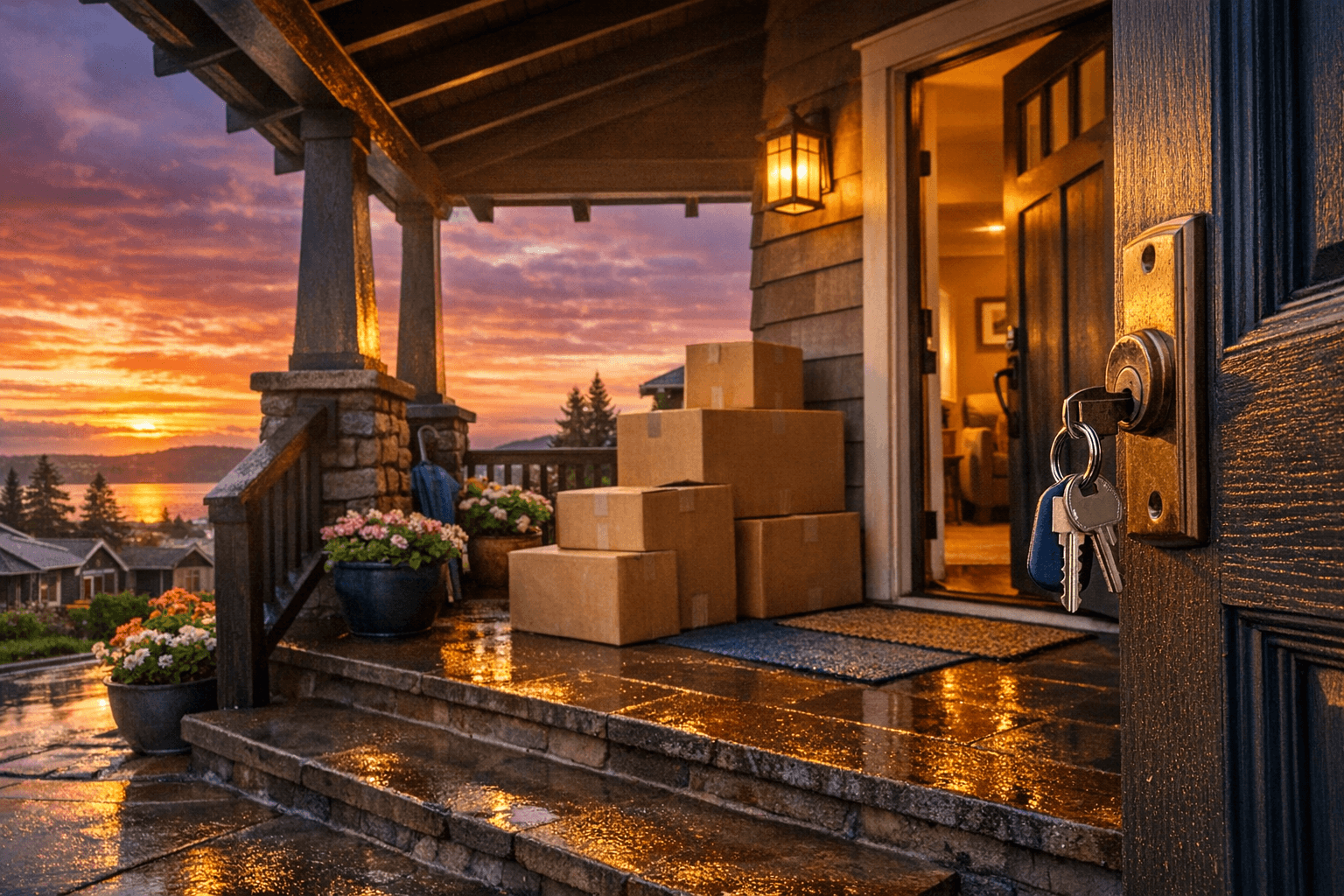 Mid-career homebuyer carrying moving box into newly purchased craftsman home during spring.