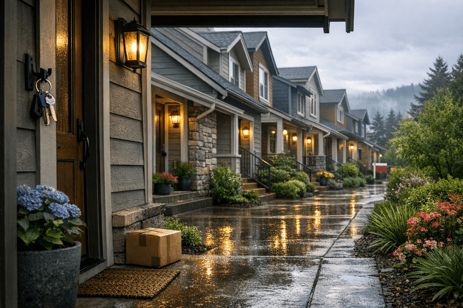 Prospective home buyer outside townhomes on a gray spring morning checking mortgage rate updates