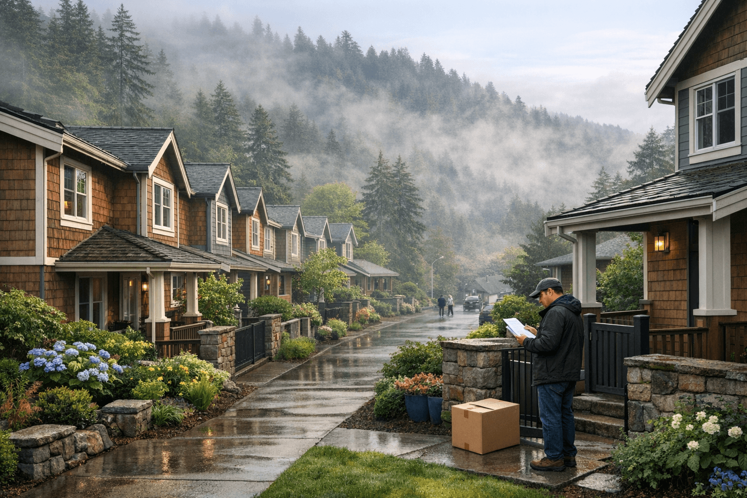 Homebuyer reviewing financing papers outside a townhouse as mortgage rates rise