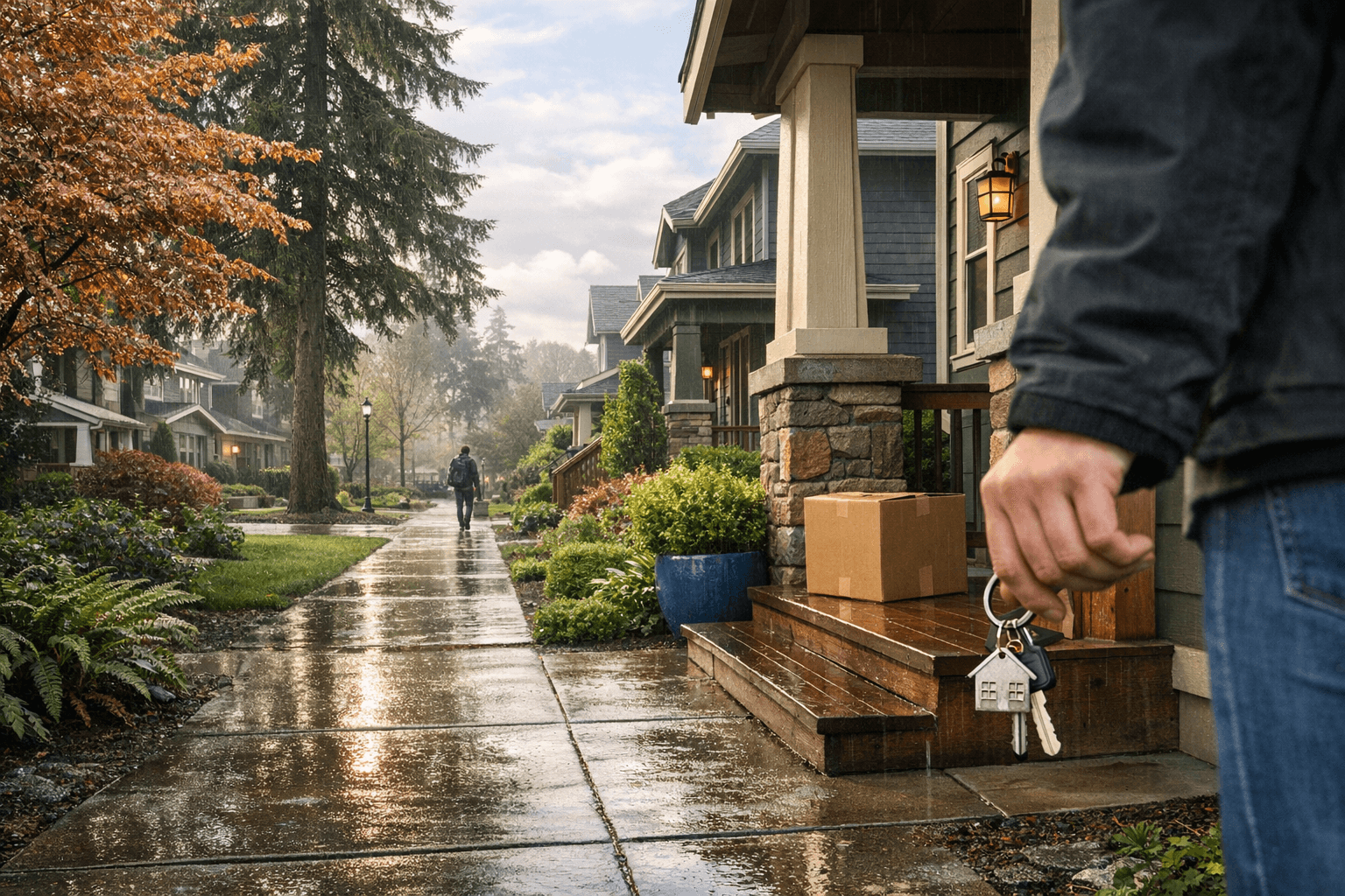 Homebuyer with keys outside a townhouse after mortgage rates eased