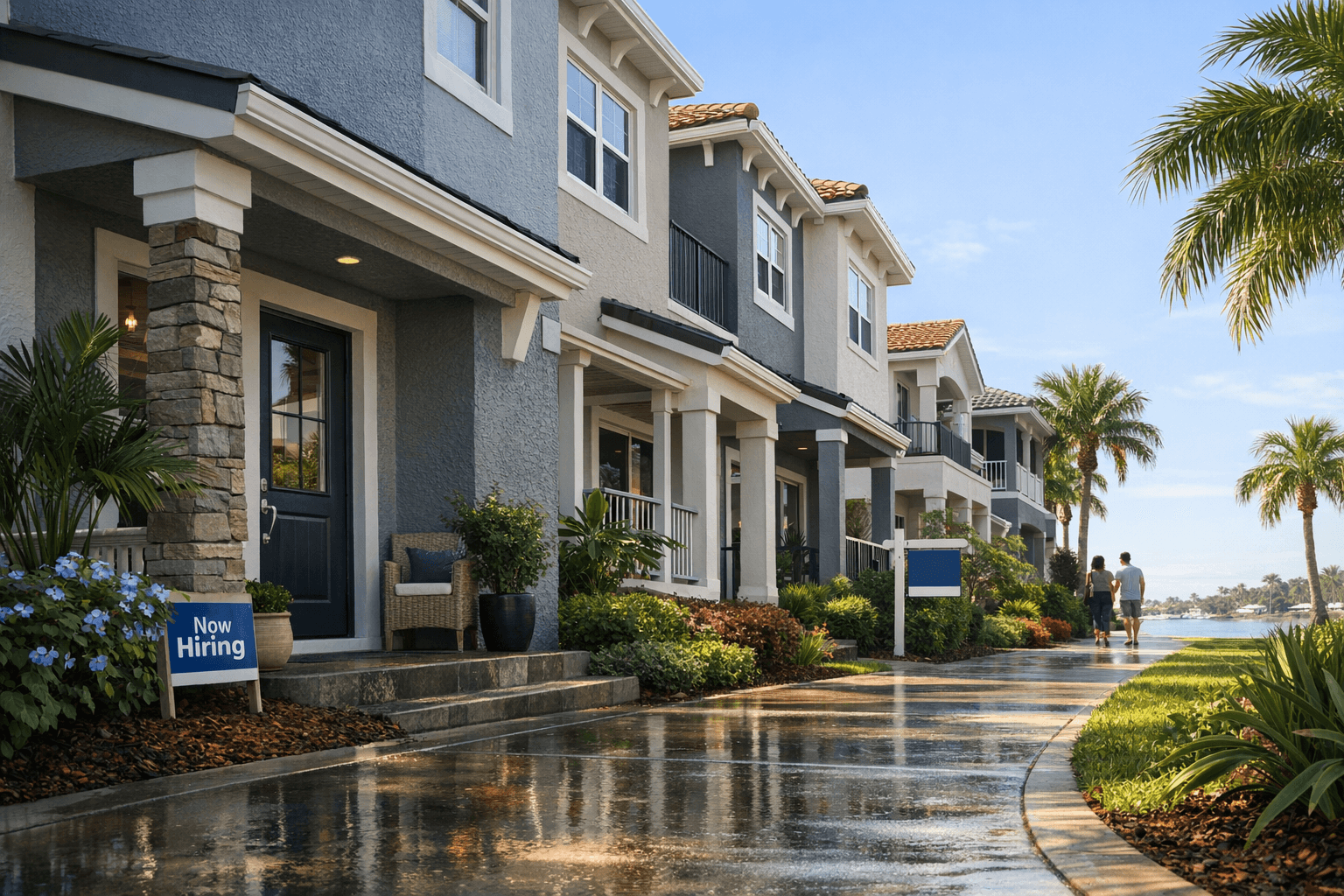 Spring neighborhood with homes for sale near local businesses, reflecting jobs and mortgage rate trends