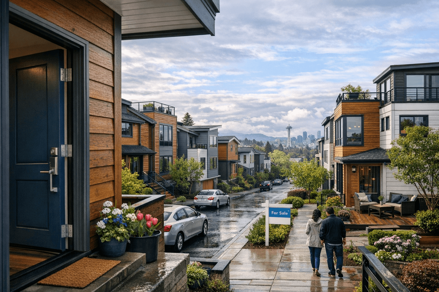 Rainy townhome street with for-sale sign as mortgage rates ease slightly
