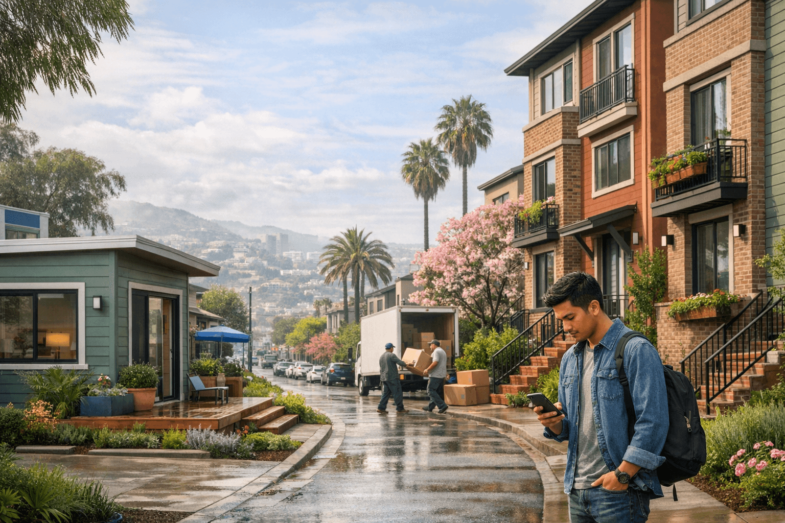 Prospective homebuyer outside townhouse checking phone as housing and jobs news shift mortgage rates