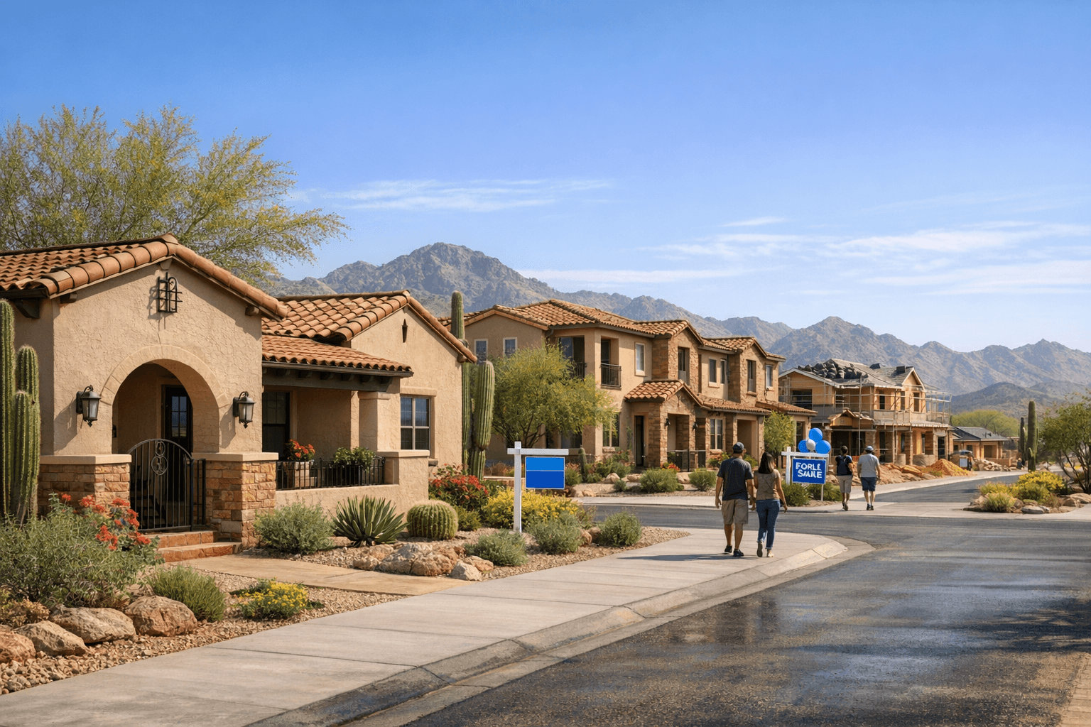 Active home listings on a spring neighborhood street as buyers watch the housing market