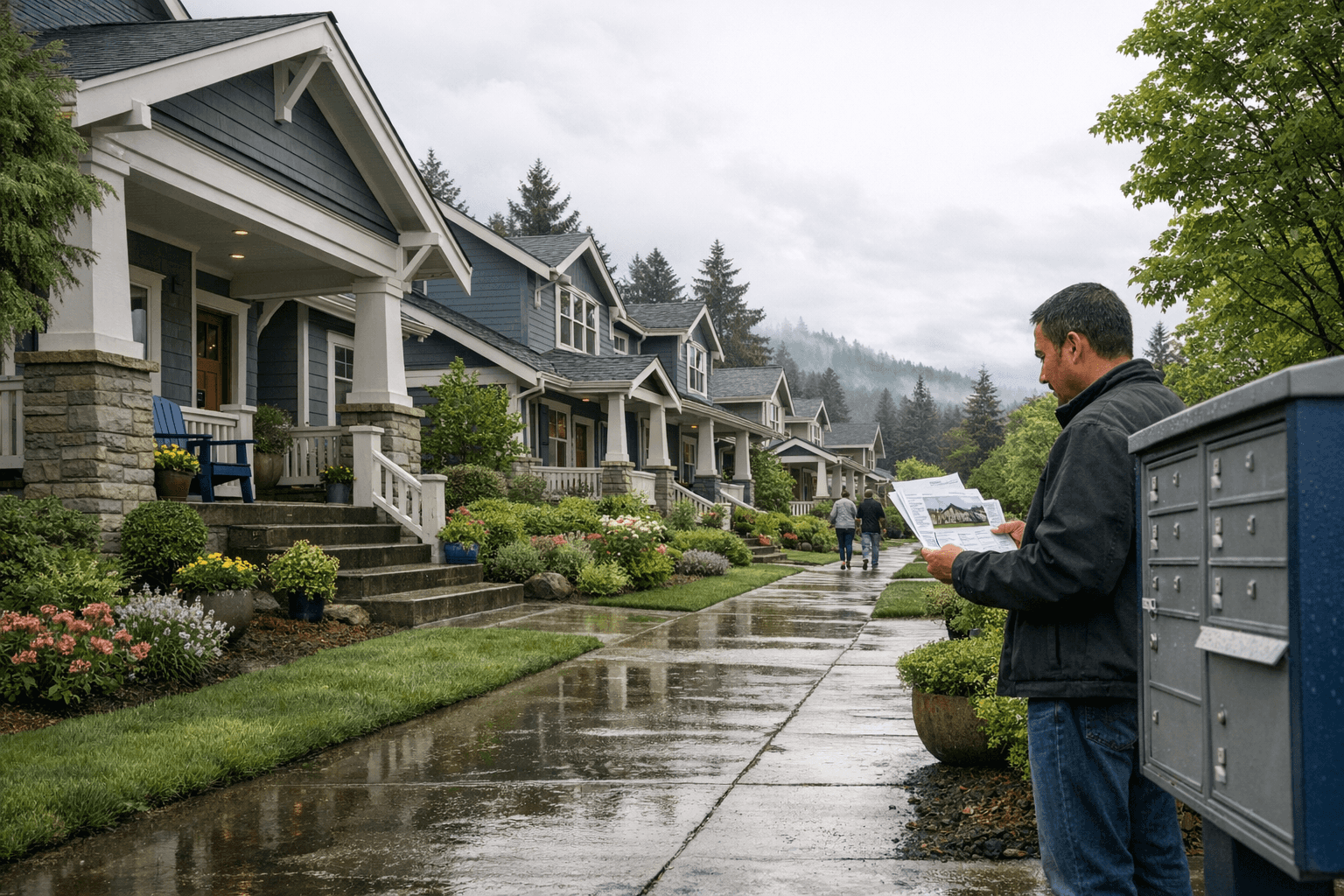 Homeowner holding bills on a townhouse street as inflation impacts mortgage decisions