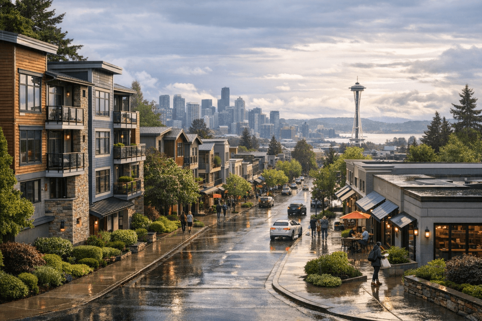 Townhomes and storefronts on a spring street as a buyer weighs housing and spending costs