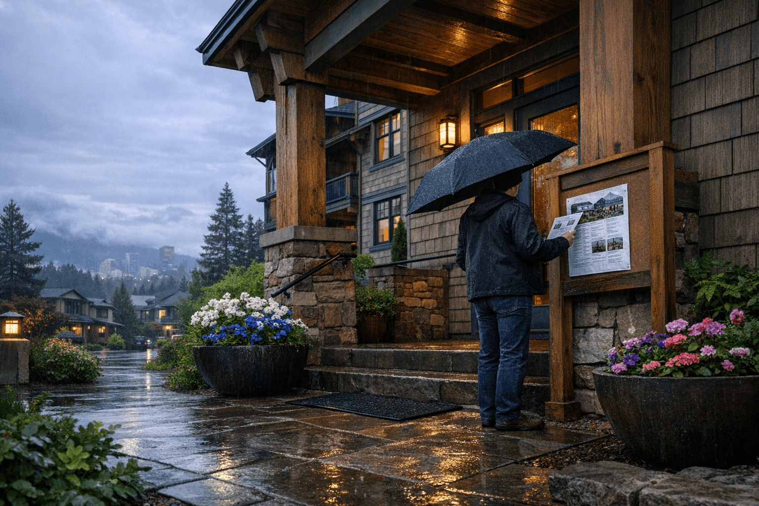 Prospective condo buyer in light rain checking listing as mortgage rates rise