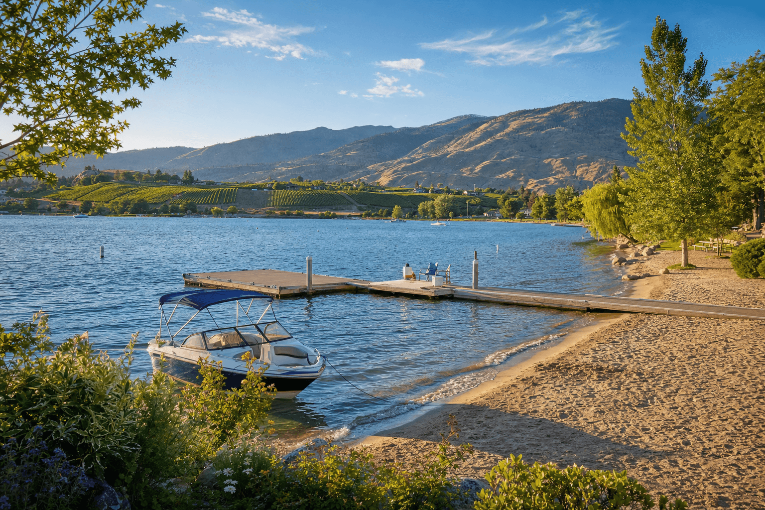 Sunlit Lake Chelan shoreline with docked boat, vineyards, and mountains in summer