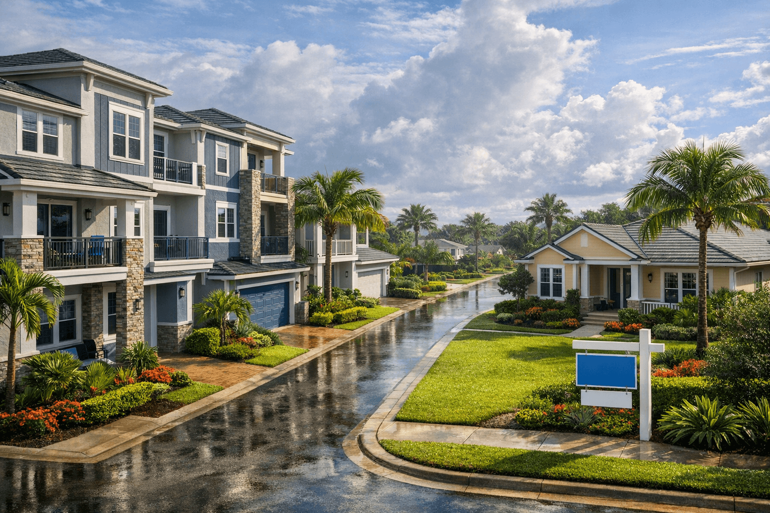 Homeowner and buyer watching housing costs on a quiet early-summer neighborhood street