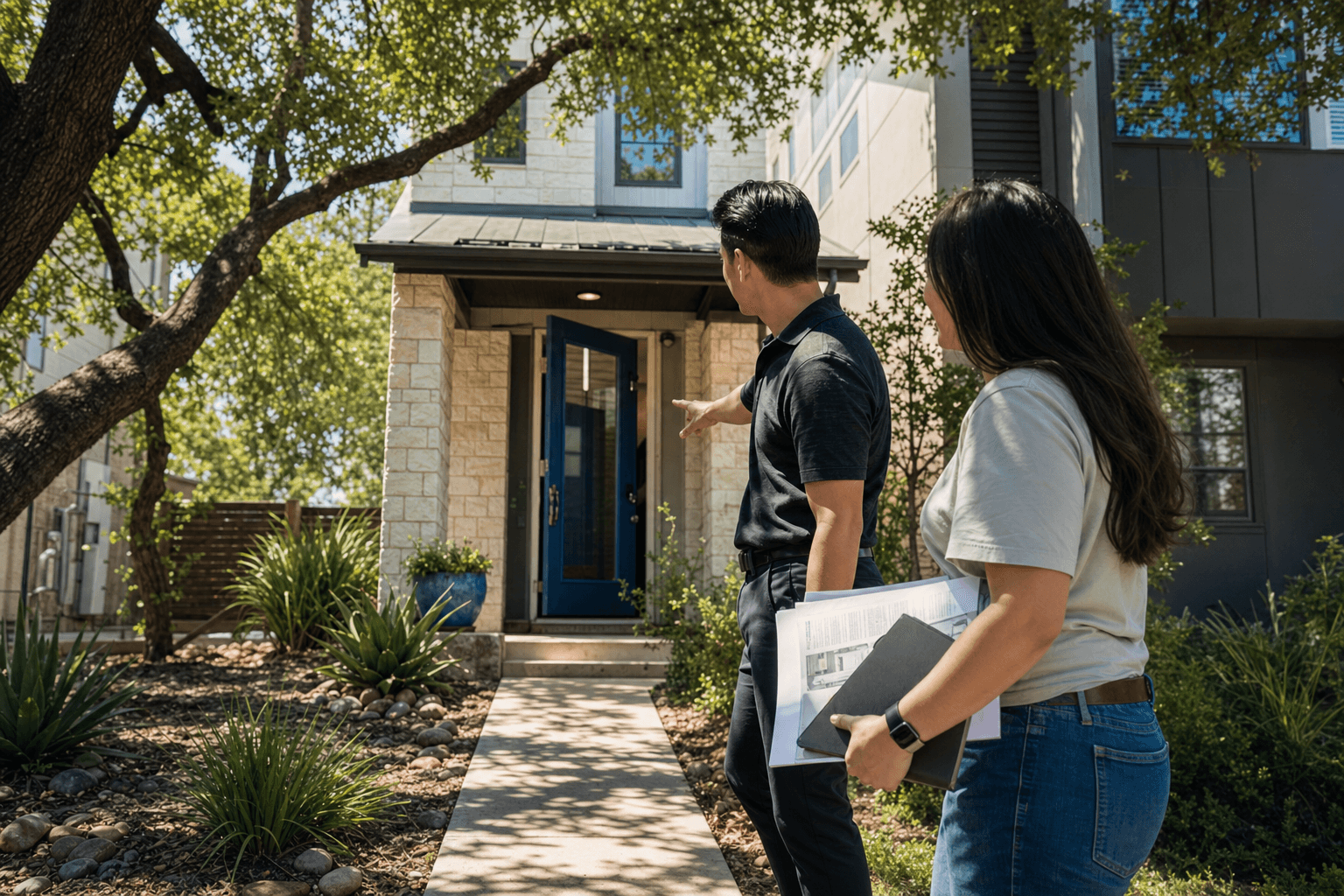 Buyer and agent reviewing documents outside a home with a For Sale sign