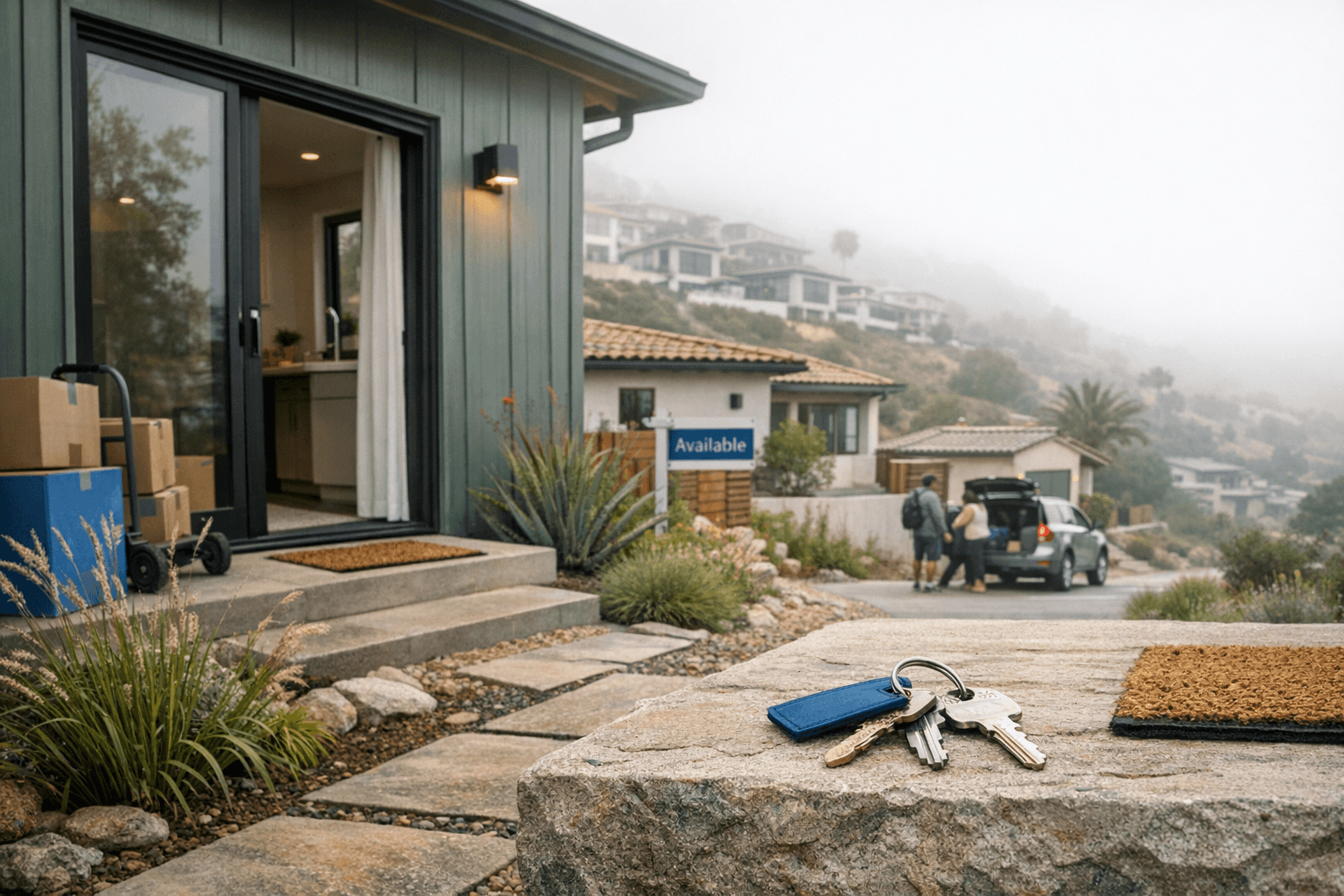 Newly built homes on a quiet suburban street with one home listed for sale