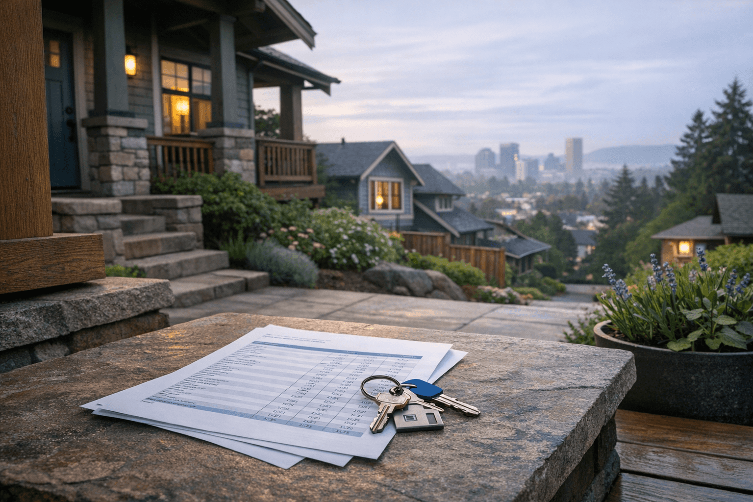 Budget sheet and house key outside a home after inflation news eased mortgage rate pressure