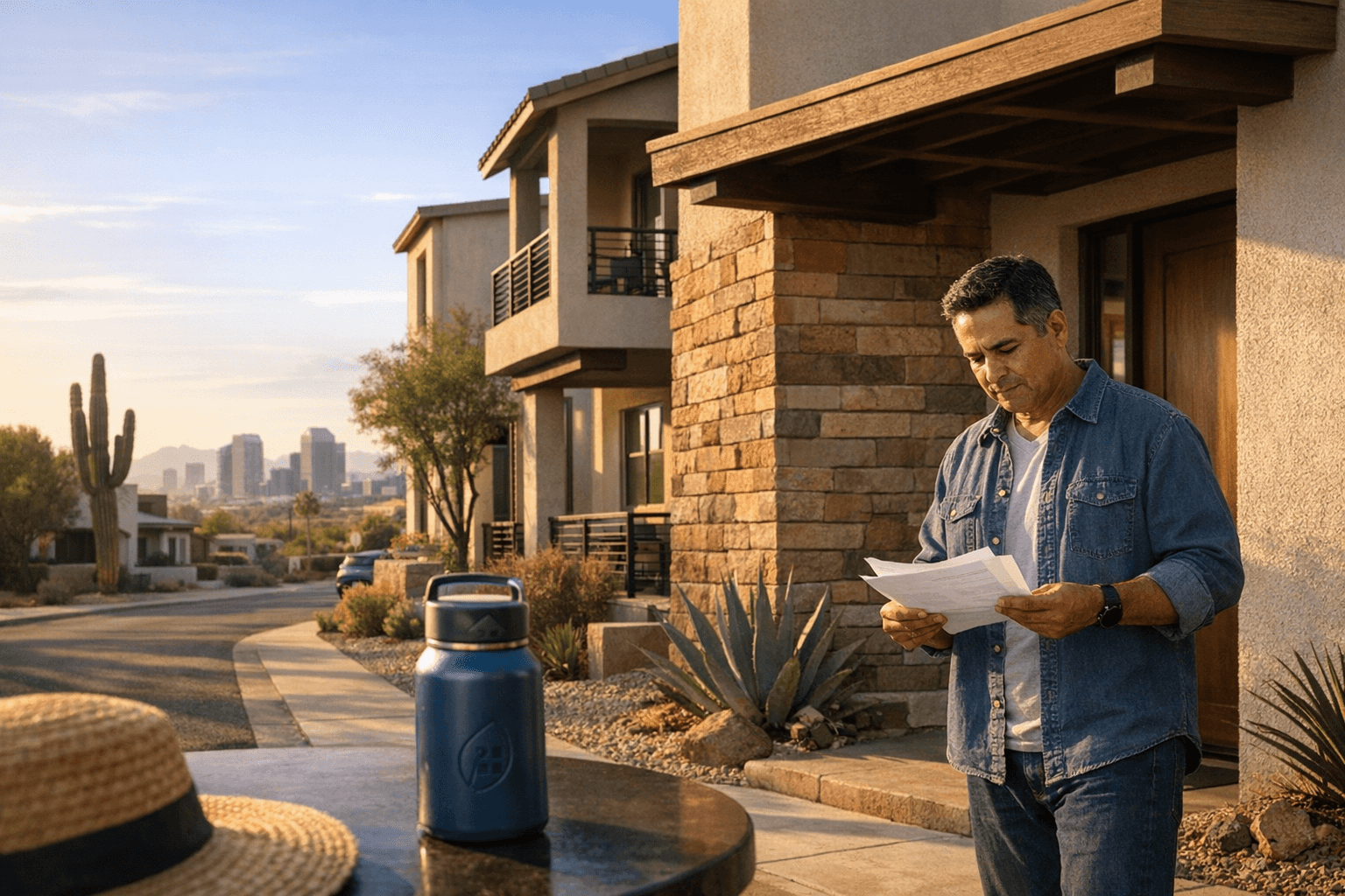 Homeowner reviewing mortgage paperwork outside a for-sale home on a cloudy summer morning.