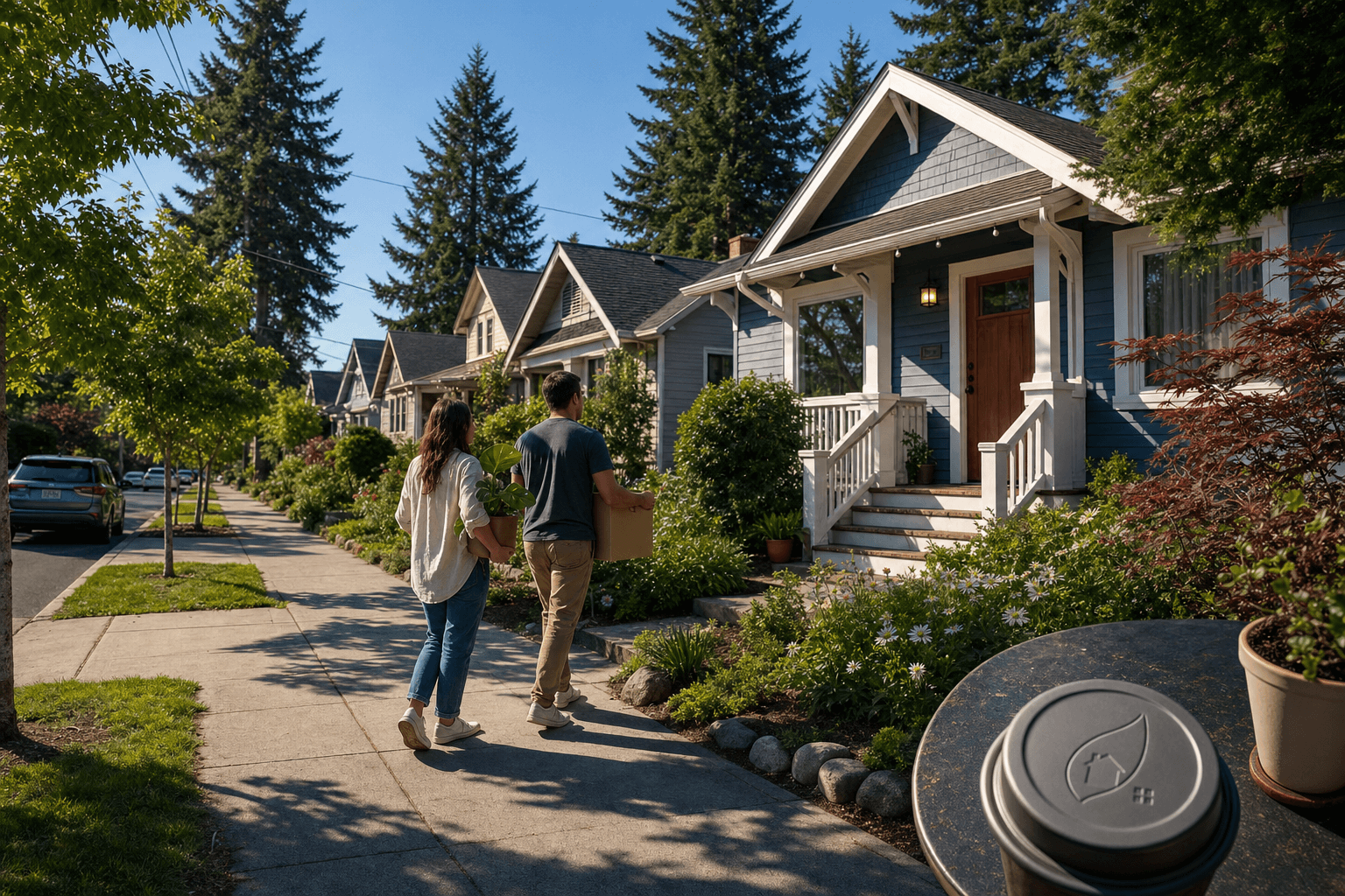 First-time homebuyer reviewing credit scores on a laptop with a printed report nearby