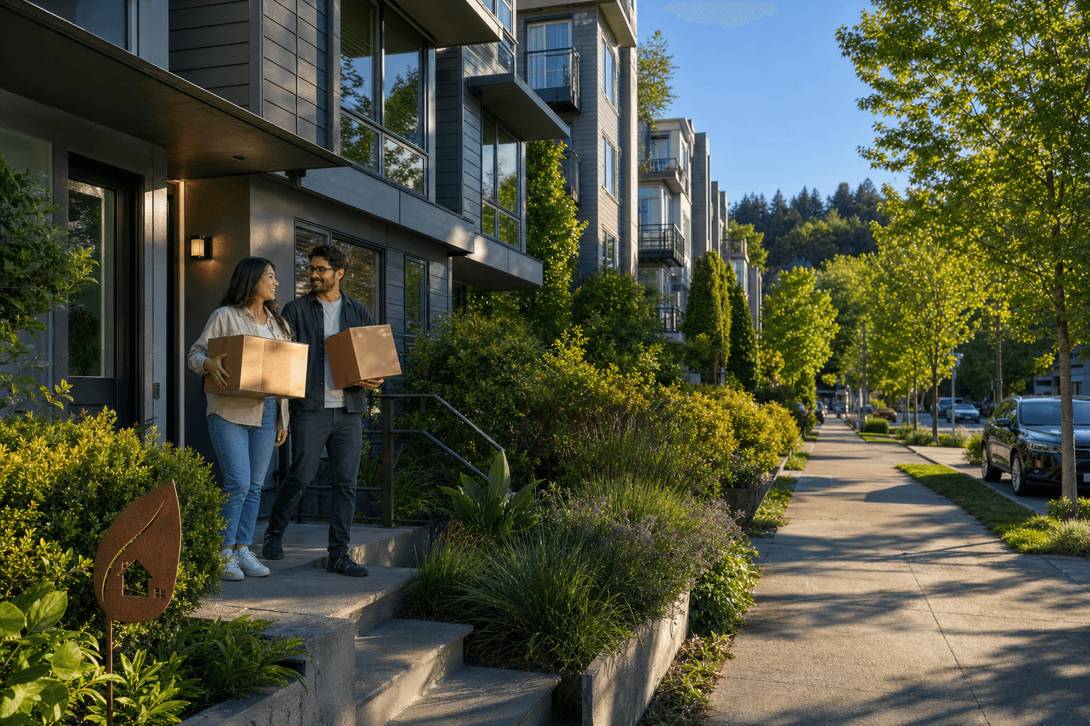 First-time buyers on the porch of a new home with small moving boxes.
