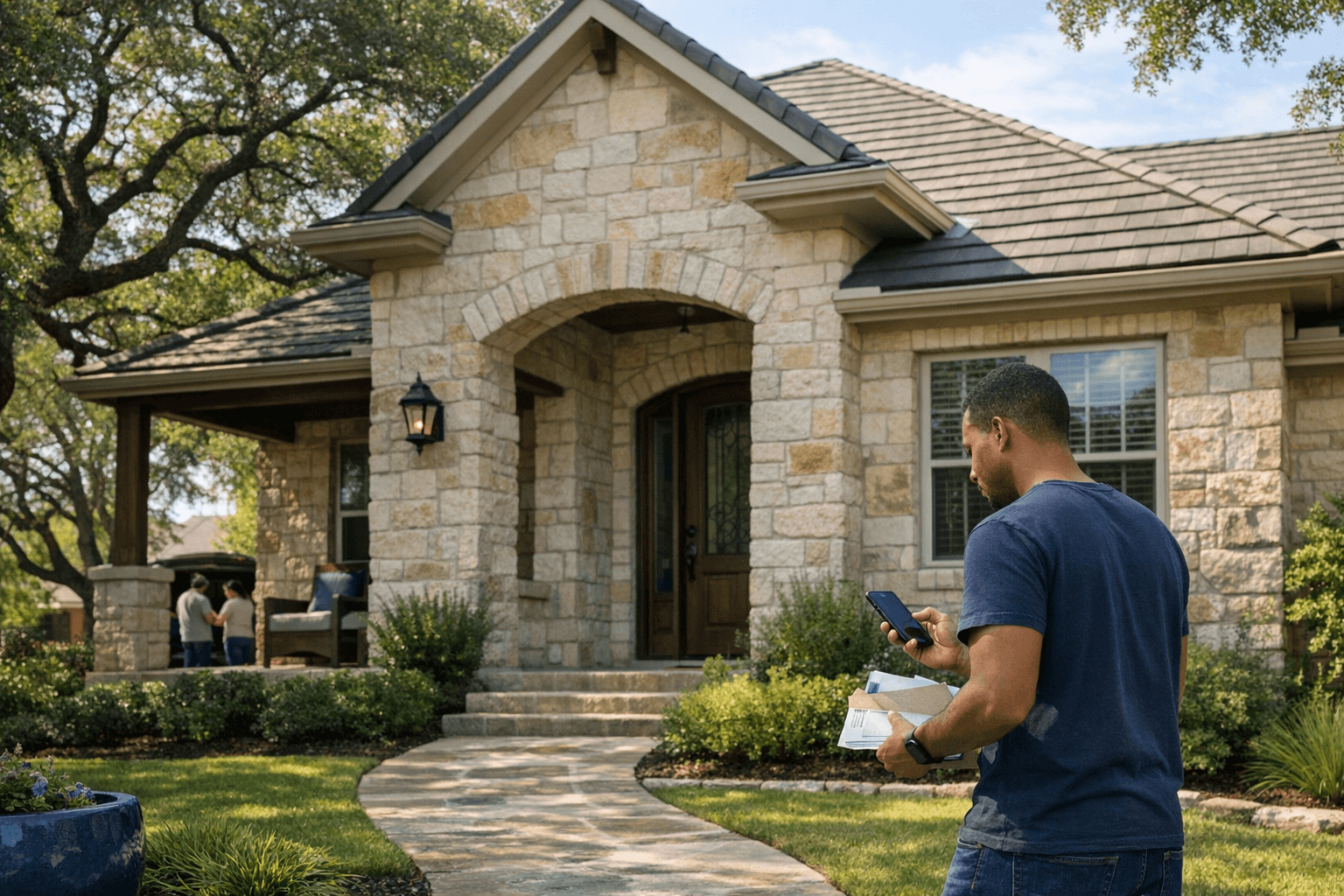 Homebuyer outside a suburban house checking market news before a mortgage decision