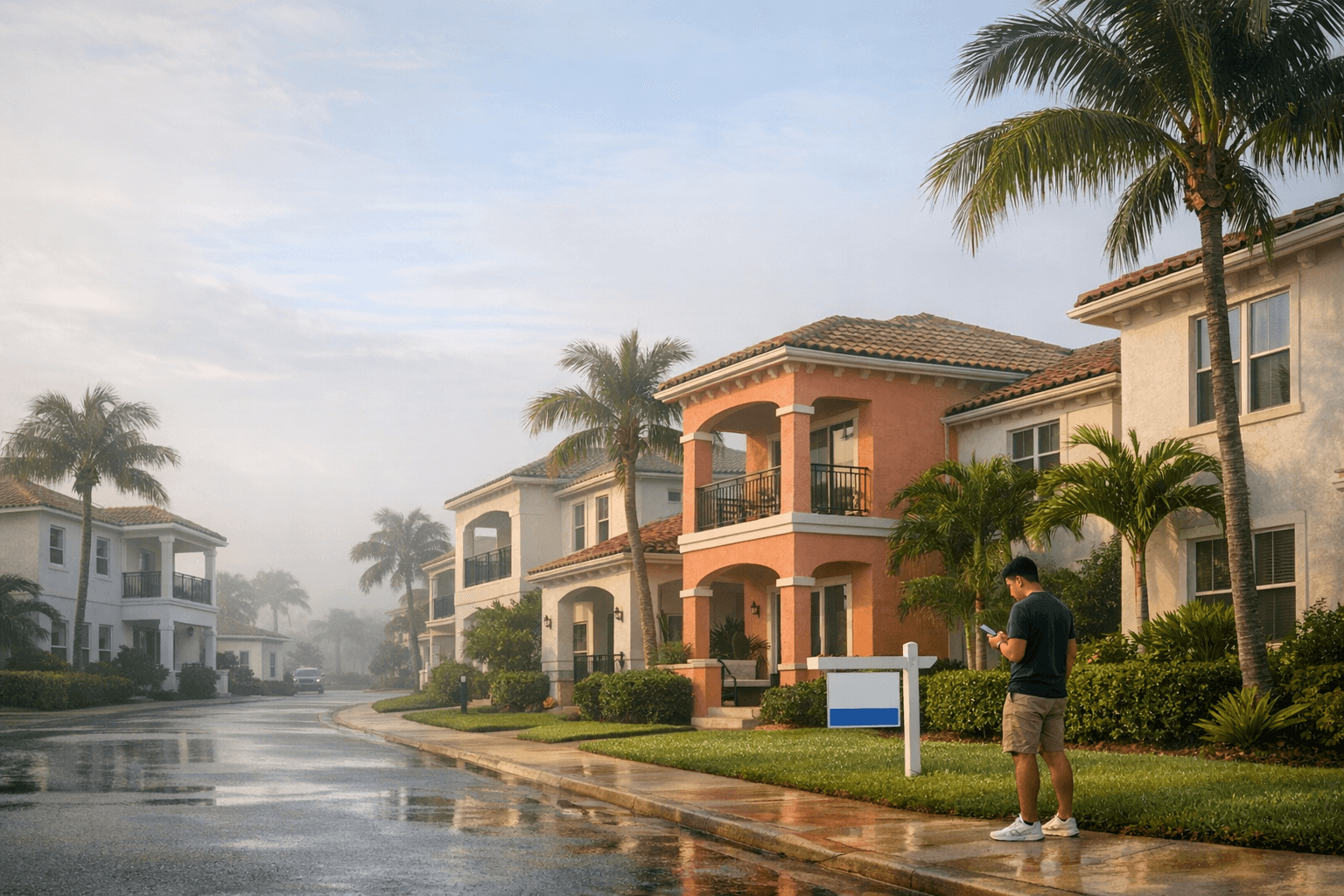 Prospective buyer outside townhomes during a cloudy morning as mortgage volatility rises