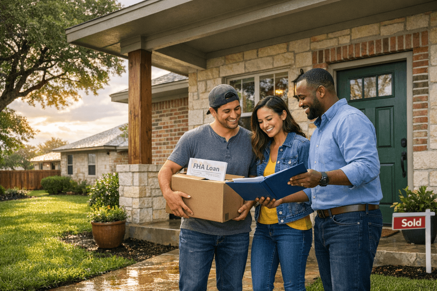 Homebuyers on a porch reviewing mortgage options with boxes and a sold sign