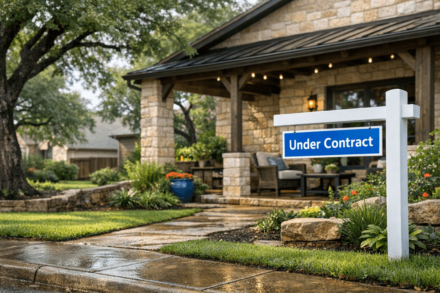 Under-contract sign outside a midwestern home in a quiet late-spring neighborhood.