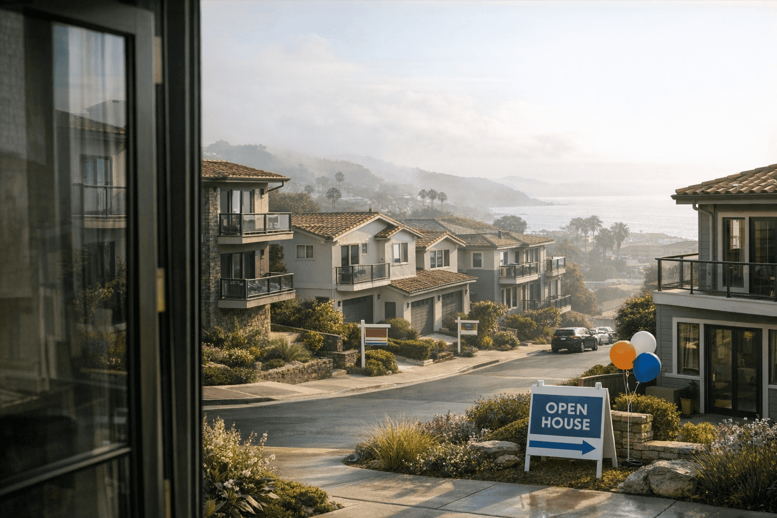 Late-spring neighborhood with newly listed homes and open-house sign under hazy skies