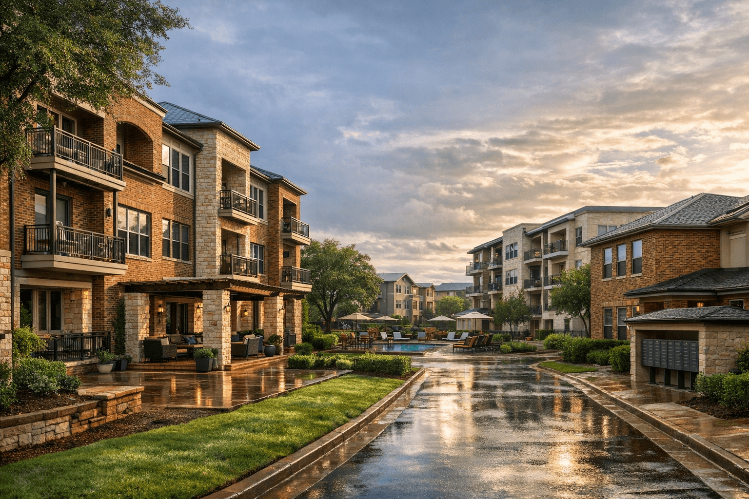 Prospective homebuyer on a wet neighborhood sidewalk near listed homes and townhomes