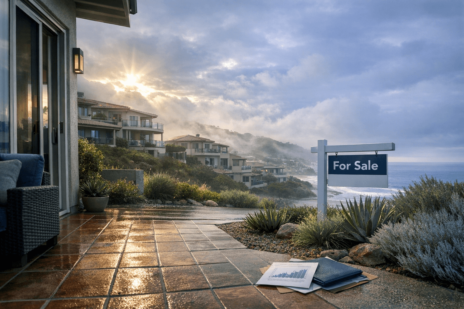 For-sale home on a suburban street under clearing storm clouds in early summer.