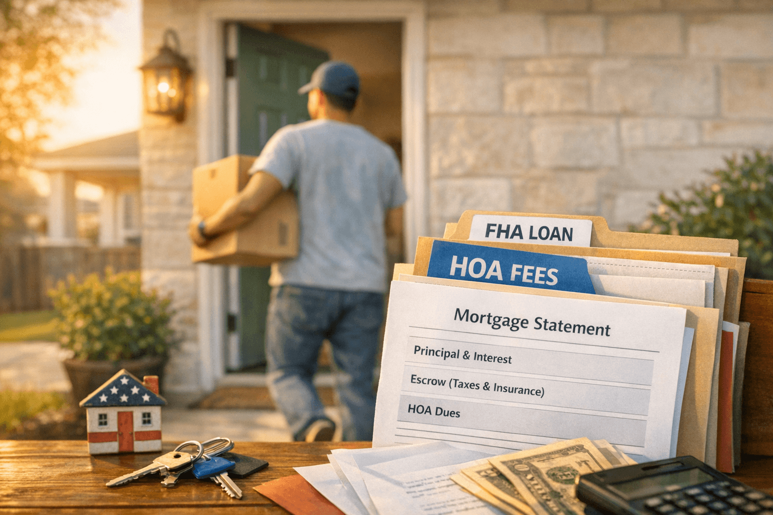 First-time buyers reviewing mortgage statement on townhouse front steps with agent