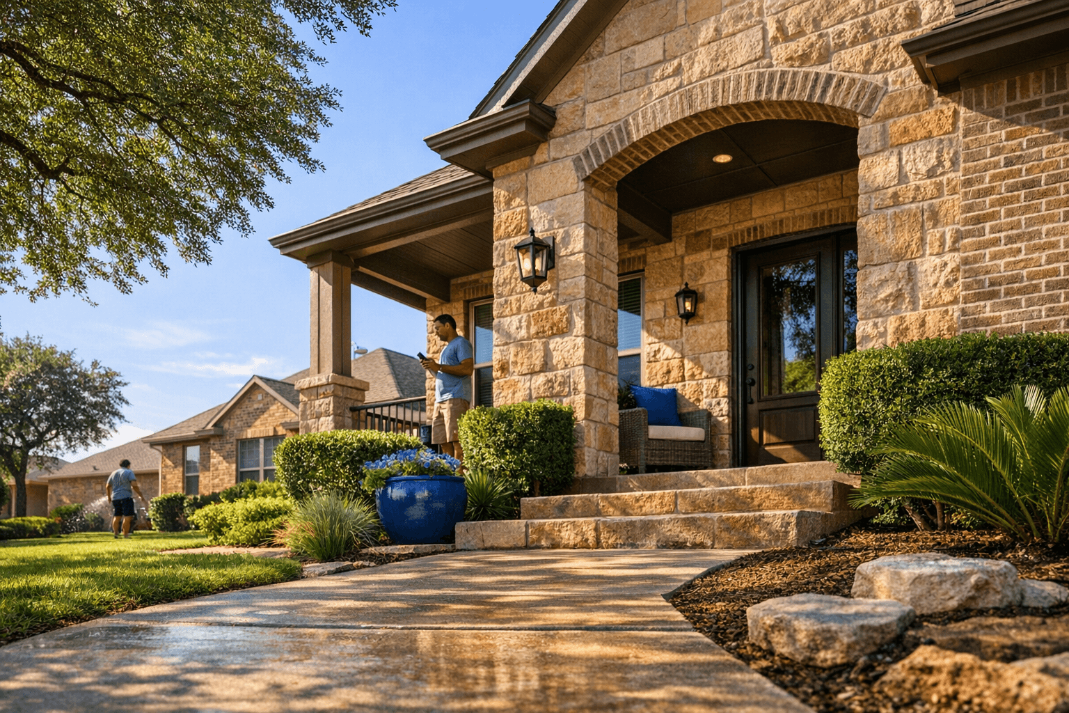 Townhouse homeowner checking phone on cool morning as mortgage market steadies