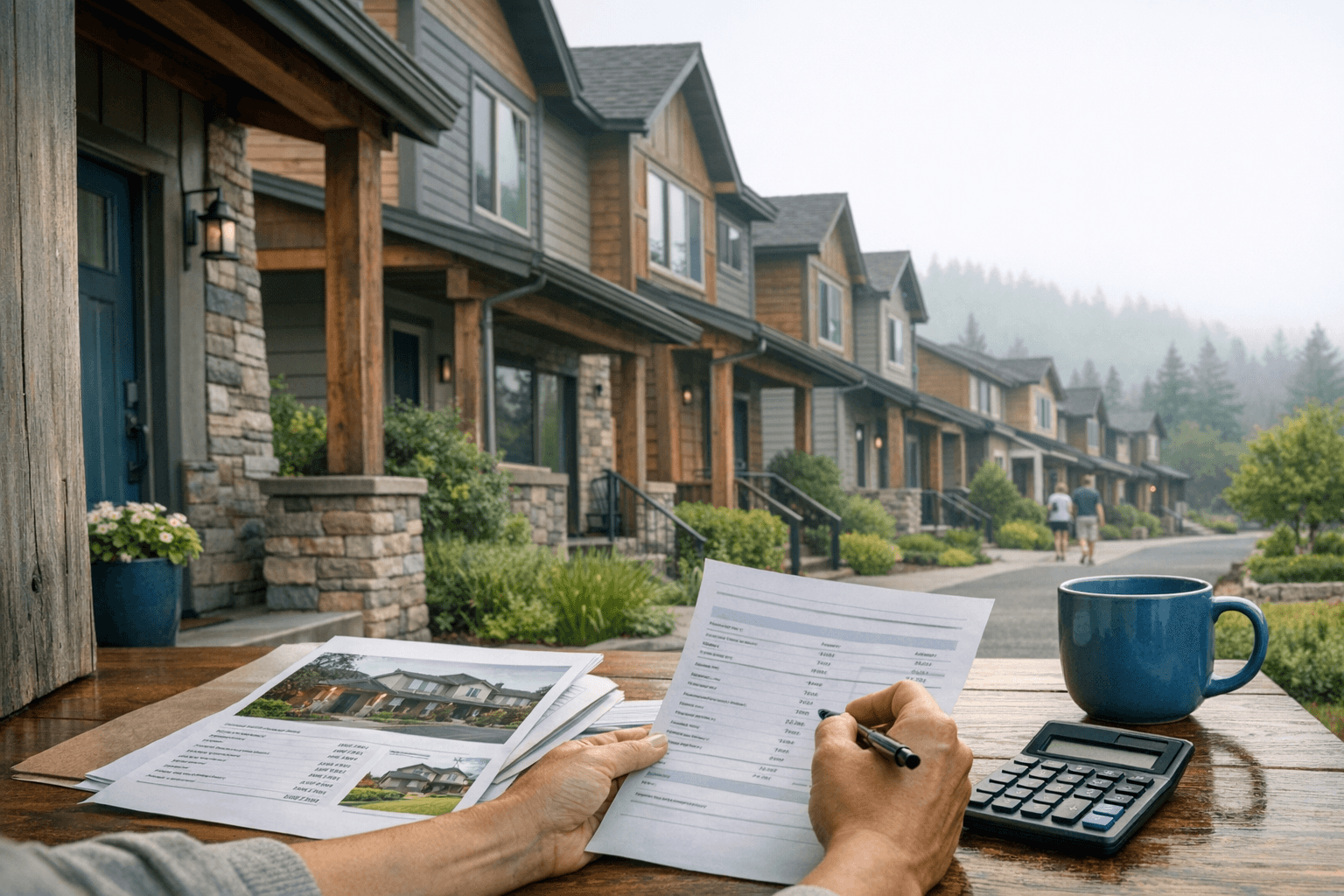 Buyer reviewing monthly housing budget at townhouse kitchen table before mortgage decision