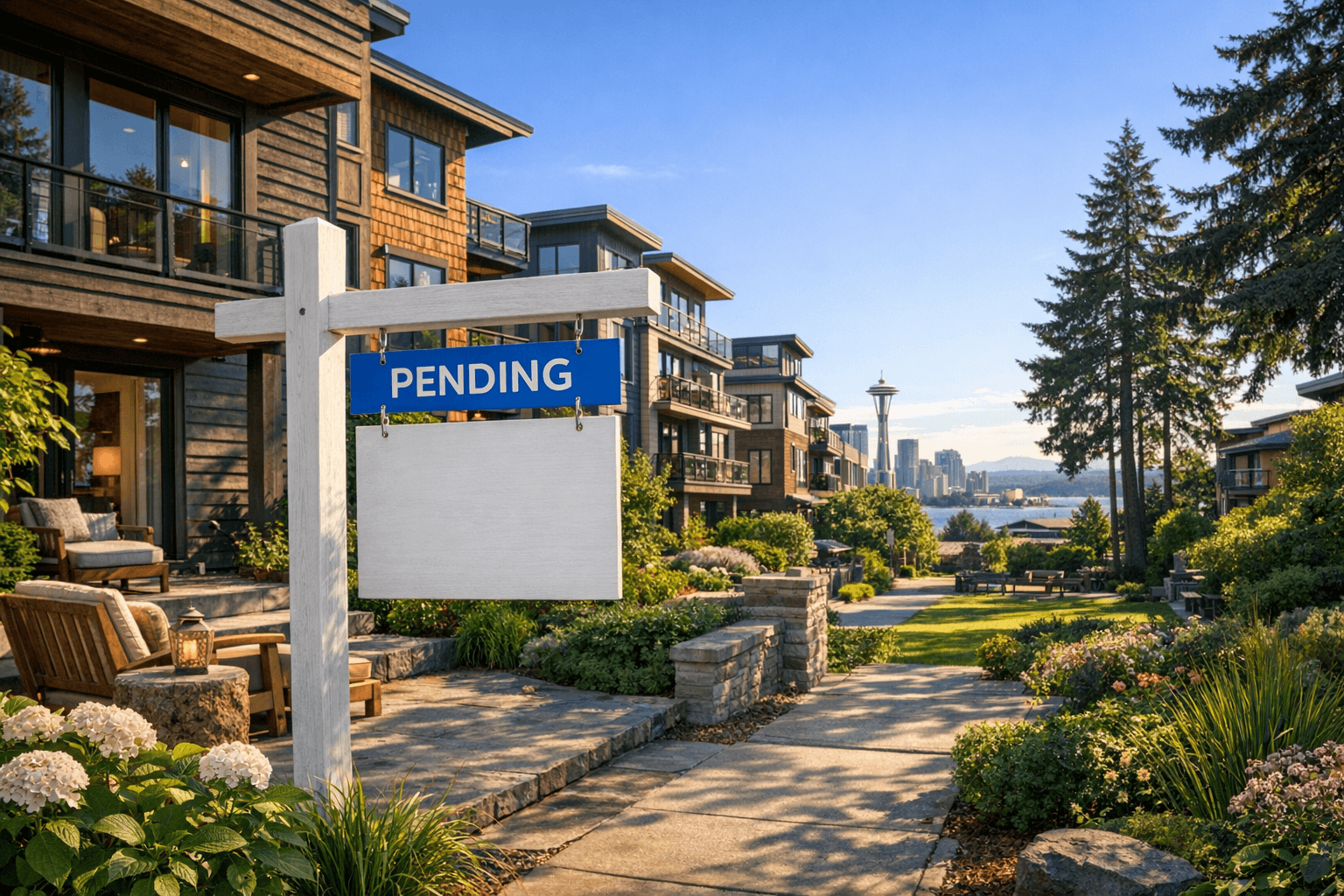 Pending home sale sign outside townhomes as borrowers watch Fed policy and mortgage rates