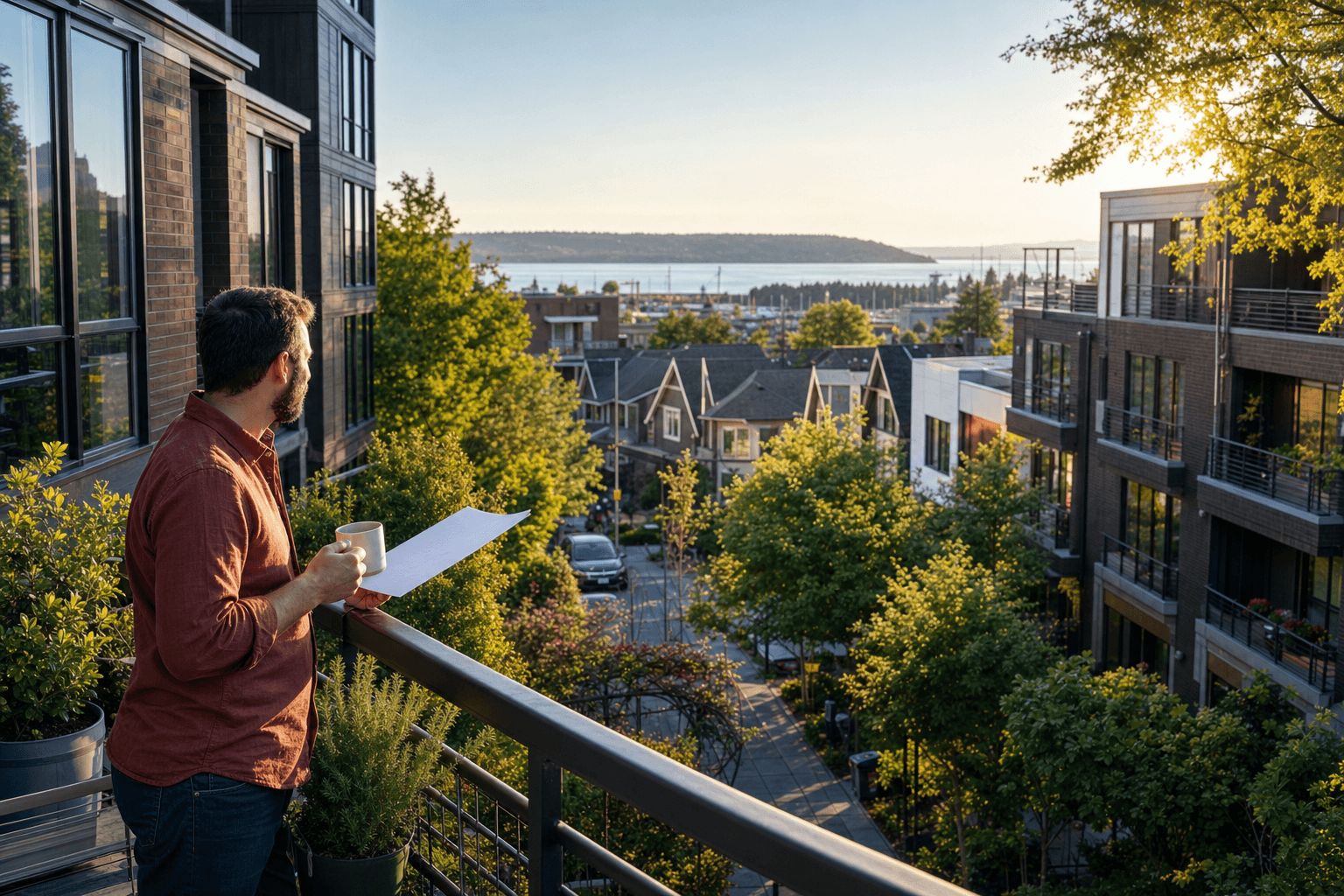 Homebuyer checking a property address along a quiet suburban street