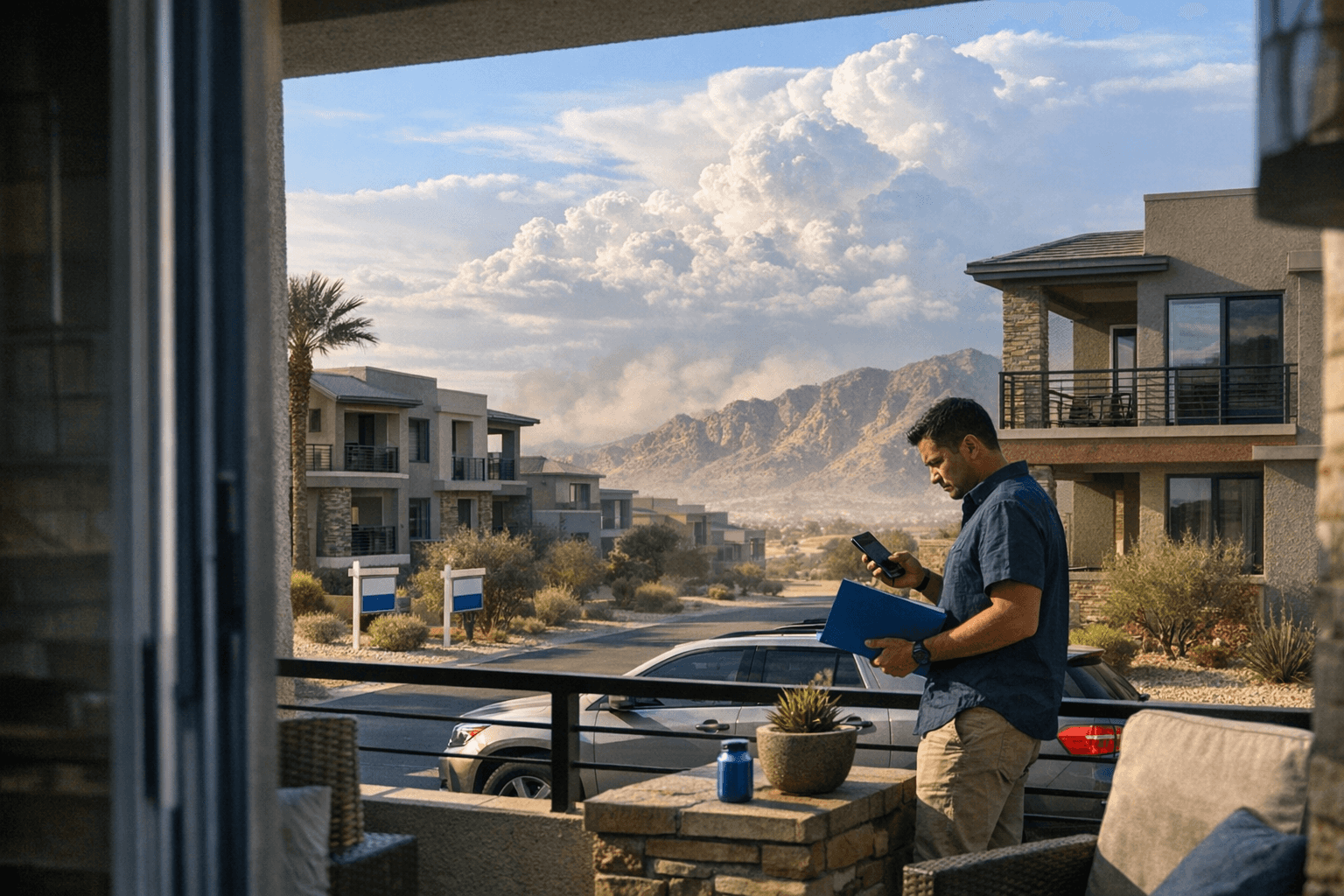 Borrower reviewing homebuying notes outside townhomes before key mortgage market reports